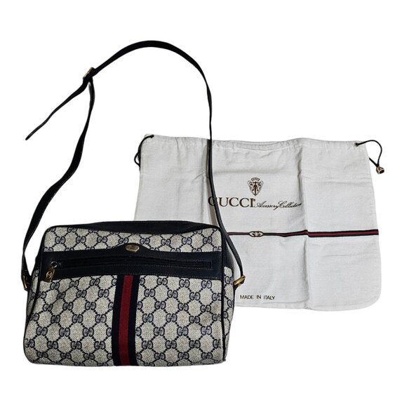 Vtg Gucci Accessory Collection Crossbody Bag 80s Blue Canvas Stripe Sherry Dust - Picture 1 of 16